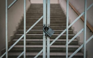 a staircase with metal railings