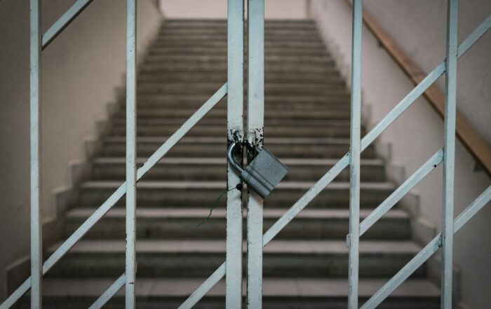 a staircase with metal railings