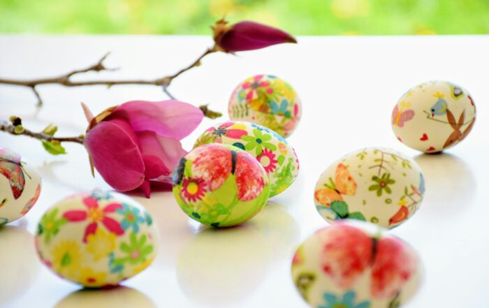 decorative floral eggs and pink rose