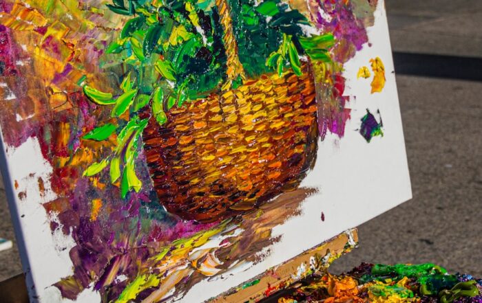 pink yellow and green flower painting
