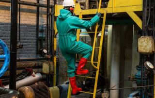 a man in a green coverall climbing up a yellow ladder