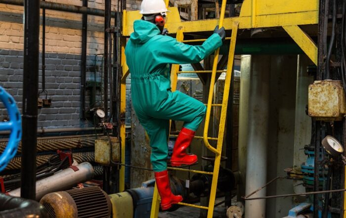 a man in a green coverall climbing up a yellow ladder