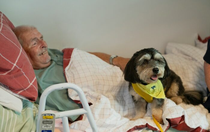 Elderly man and dog in bed